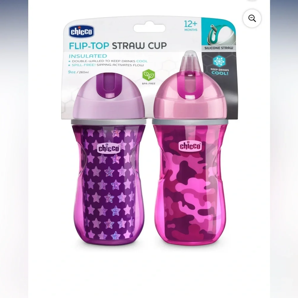 Like New! Chicco Insulated Flip-Top Straw Cup 9oz, Pink/Purple, 12m+ (2pk)‎